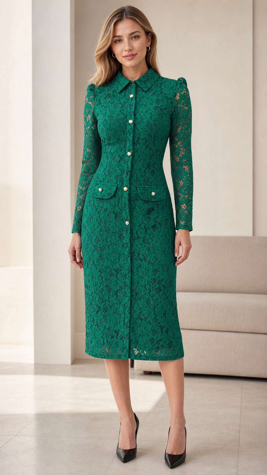 Full front view of green lace midi dress