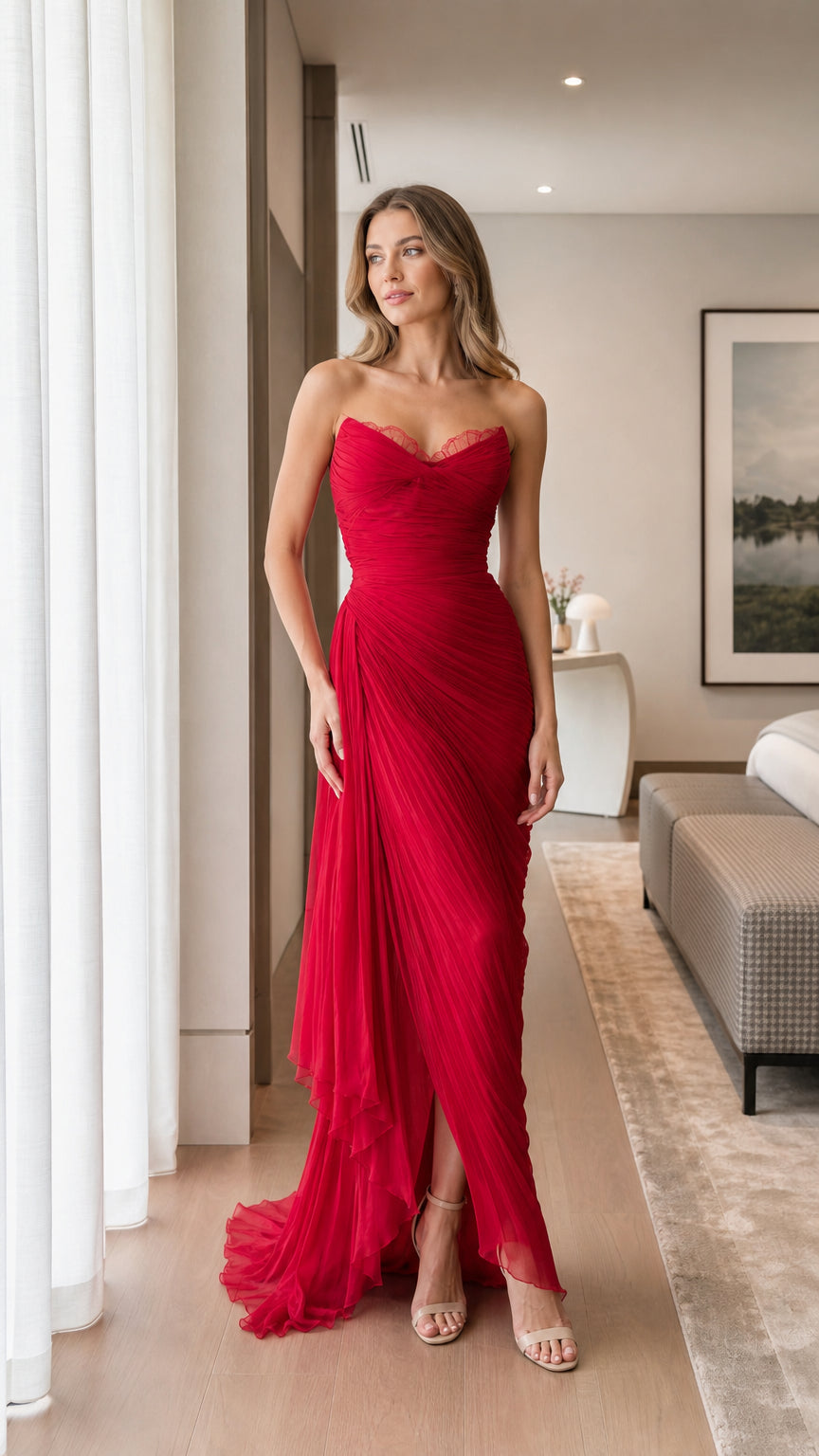 Front view of woman wearing red strapless ruched evening dress