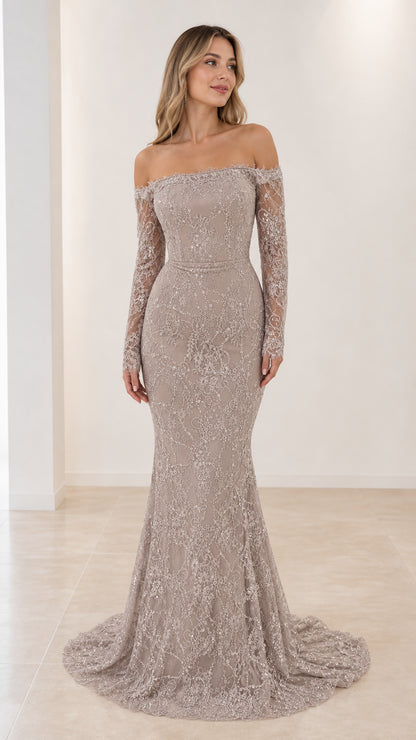 Front view of model wearing Silver Gray off-the-shoulder sequin lace mermaid evening gown with train