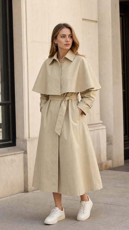 Front view of woman wearing beige capelet belted trench coat with white sneakers