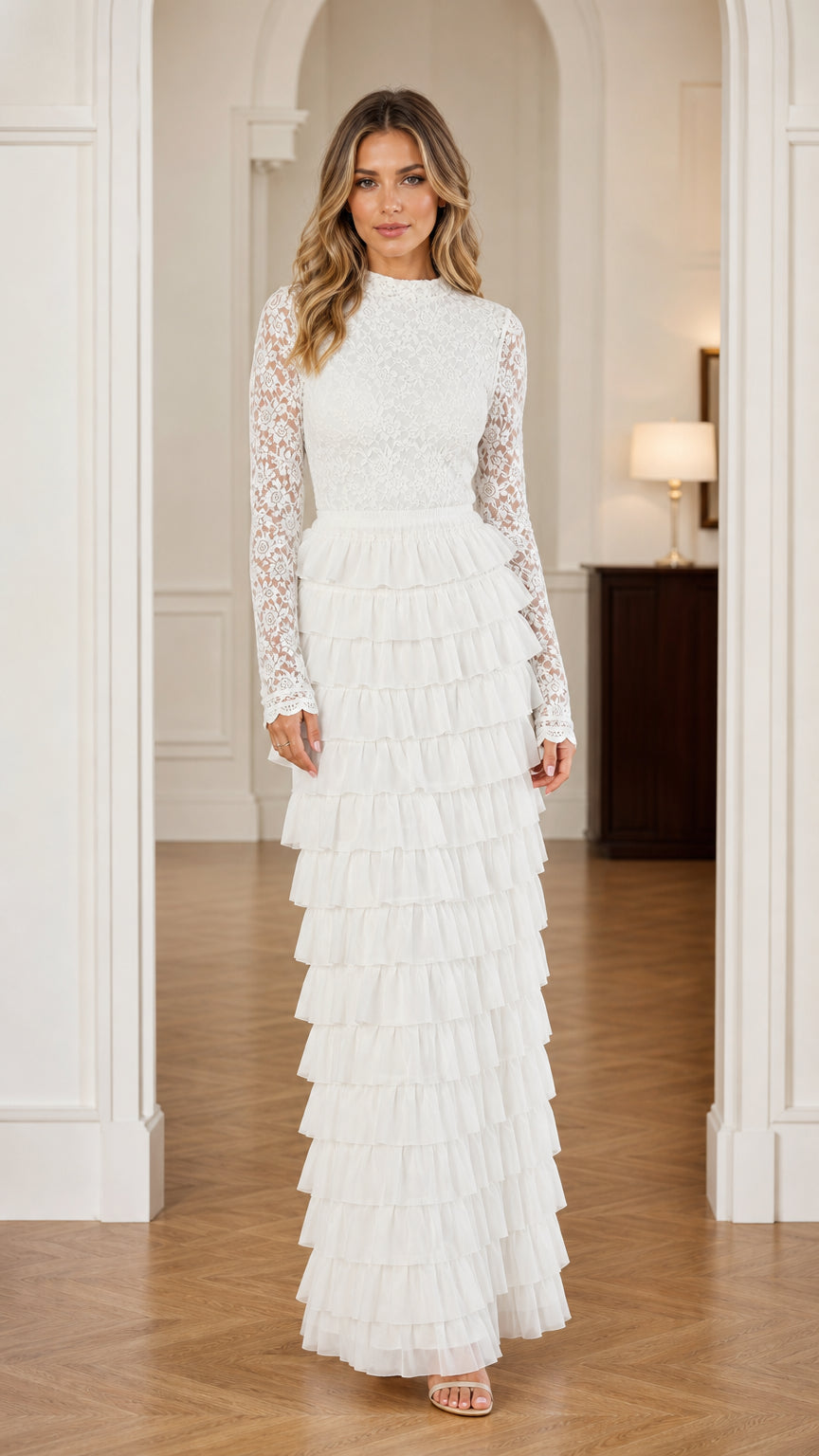 White mock neck long sleeve lace tiered ruffle maxi dress front view
