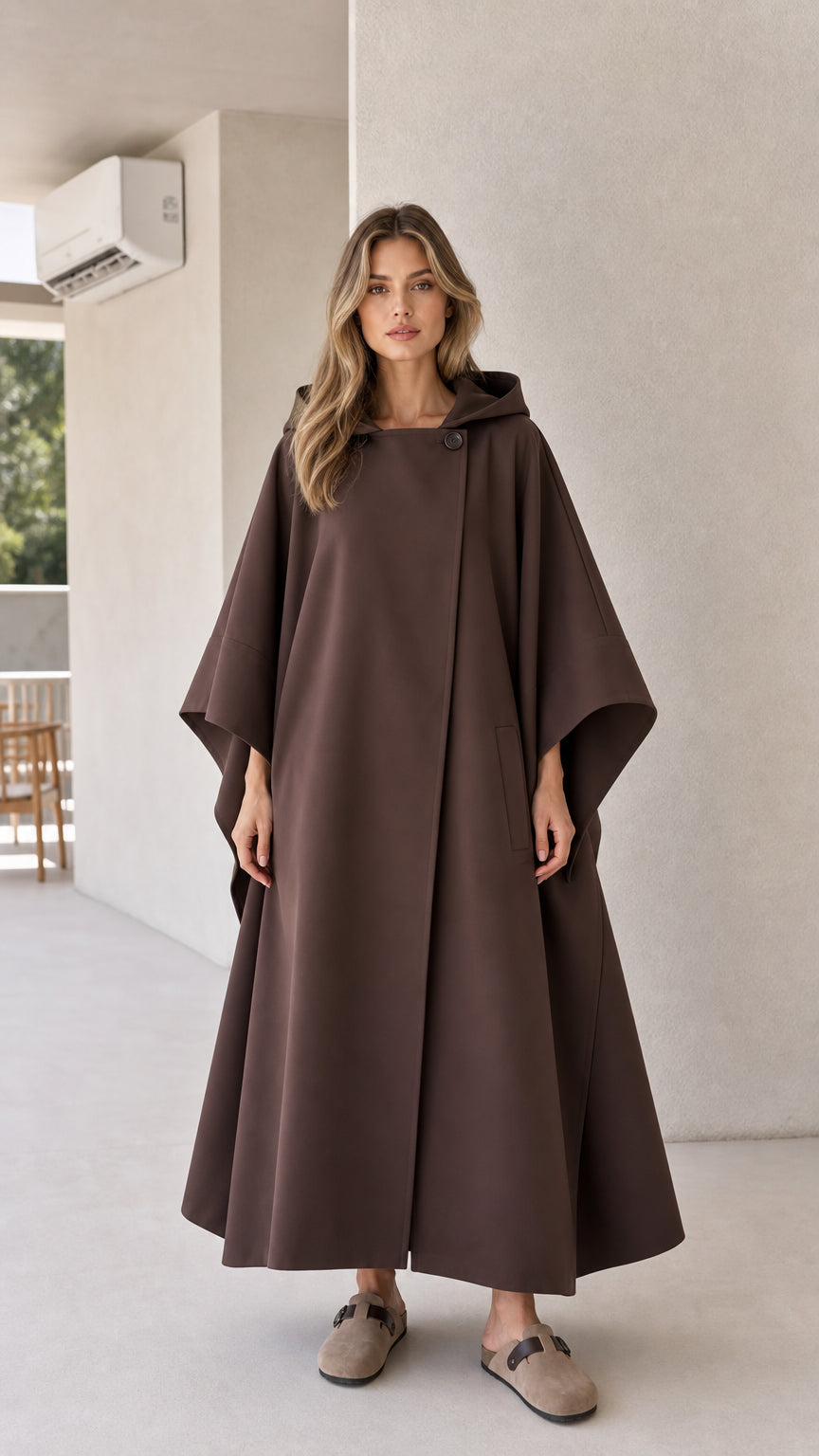Full front view of model wearing brown hooded maxi cape coat