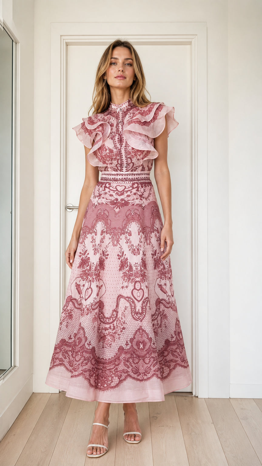 Elegant pink ruffled print midi dress front view