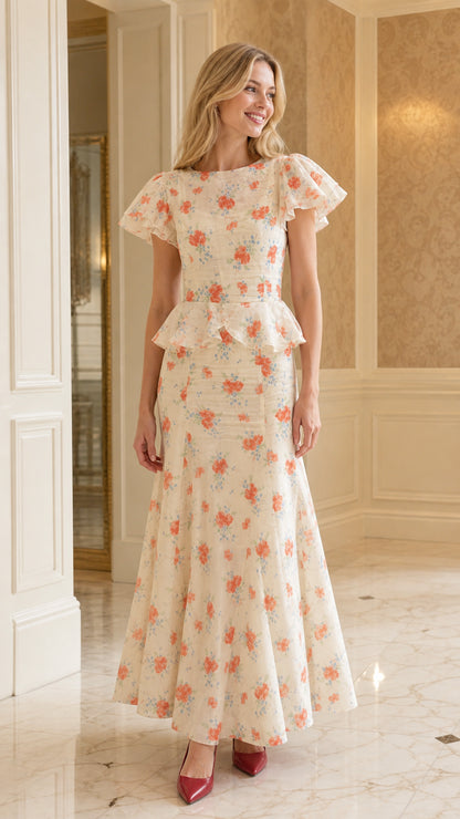 Front view of cream floral print ruffle sleeve peplum maxi dress