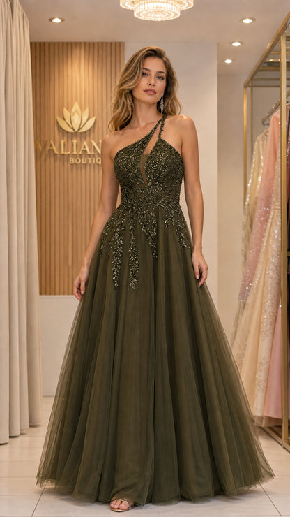 Front view of woman wearing olive green one-shoulder beaded tulle evening gown