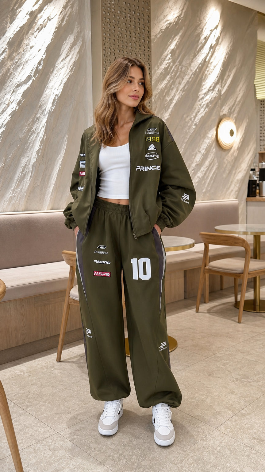Model wearing olive green racing graphic zip-up jacket and wide-leg track pants set