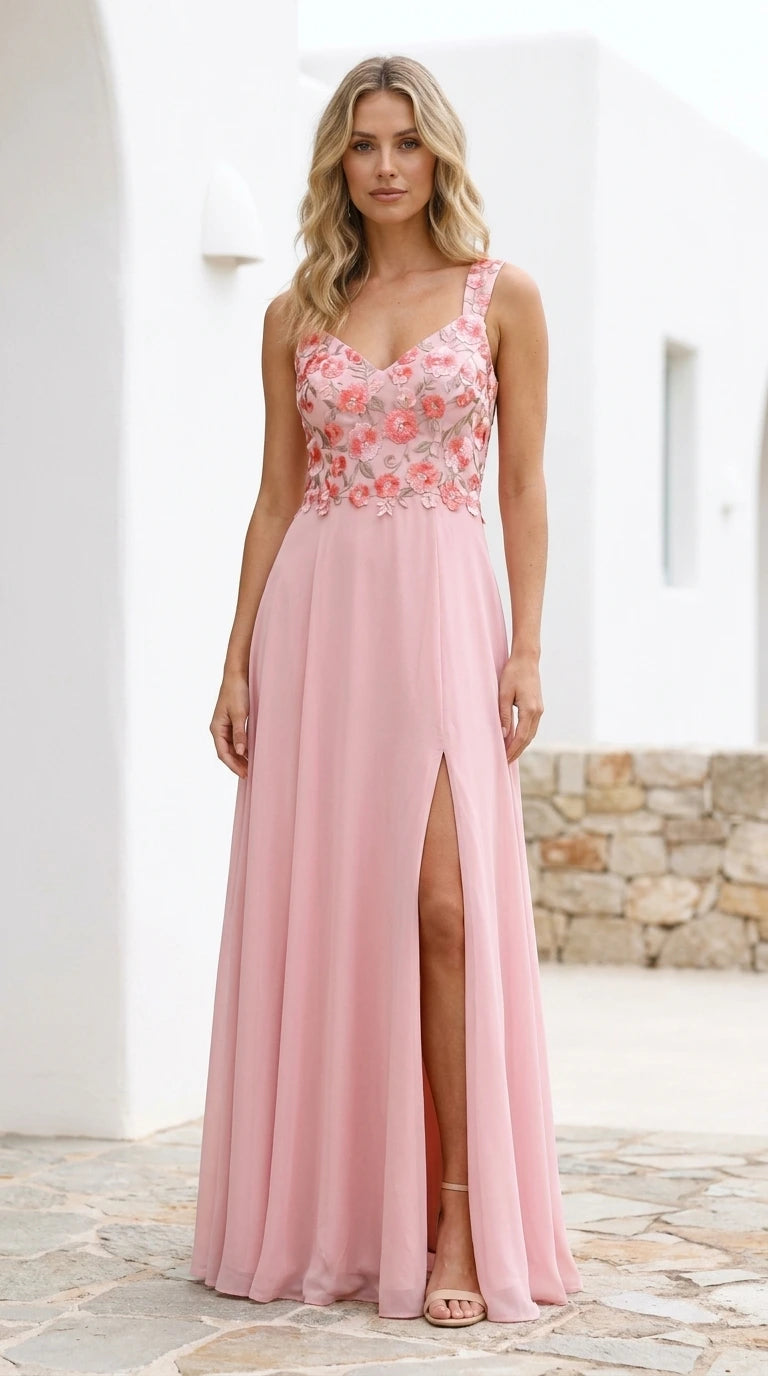 Front view of pink floral embroidered maxi dress