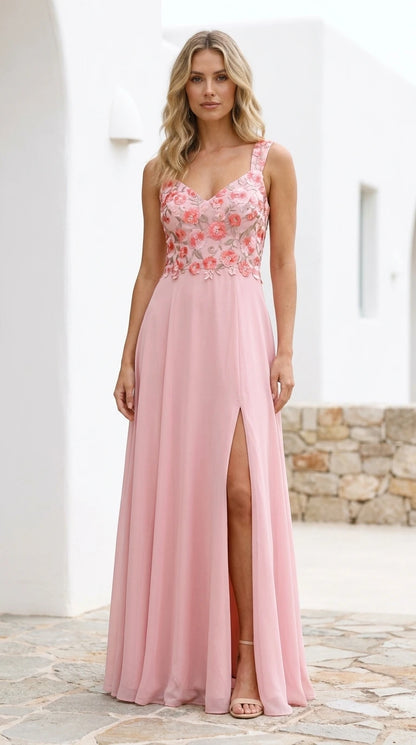 Front view of pink floral embroidered maxi dress