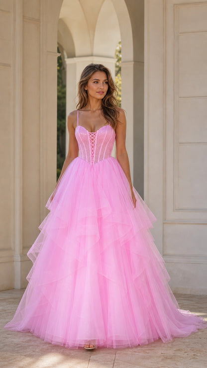 Pink glitter tulle corset ball gown front view