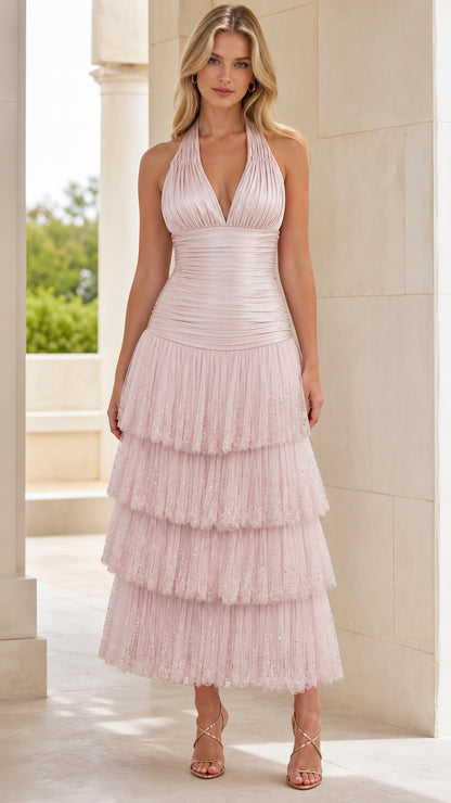 Blush pink halter neck tiered midi dress front view
