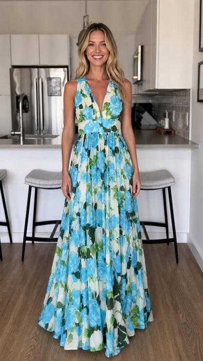 Front view of White/Blue floral maxi dress