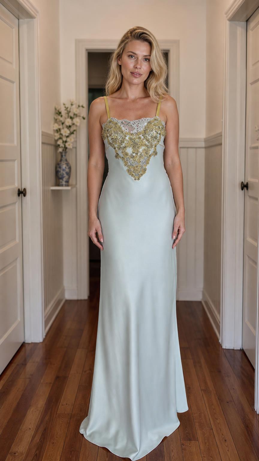 Front view of model wearing sage green satin maxi slip dress