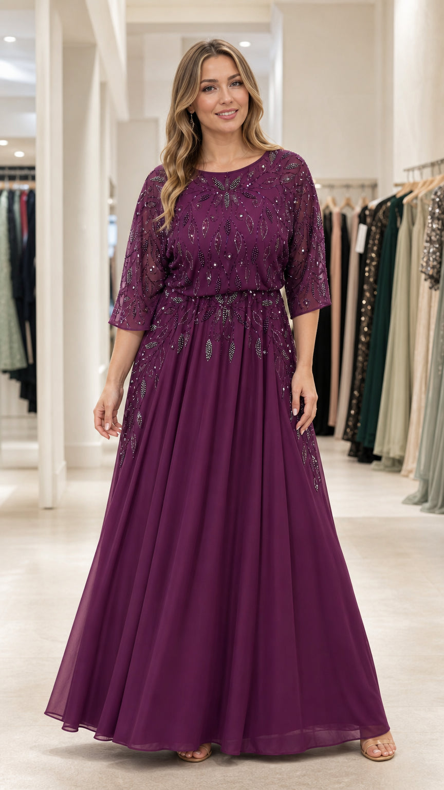 Front full view of woman wearing plum embellished sequin chiffon maxi evening gown with 3/4 sleeves