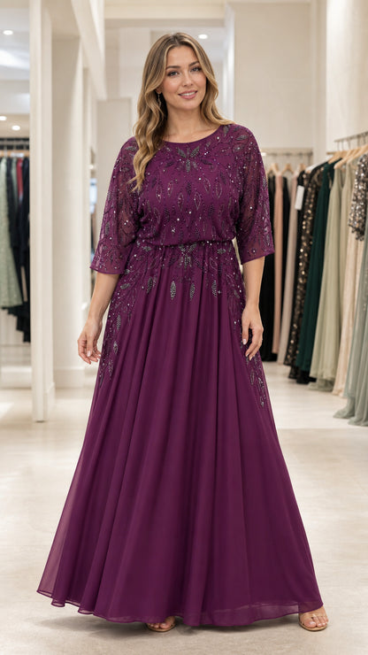 Front full view of woman wearing plum embellished sequin chiffon maxi evening gown with 3/4 sleeves