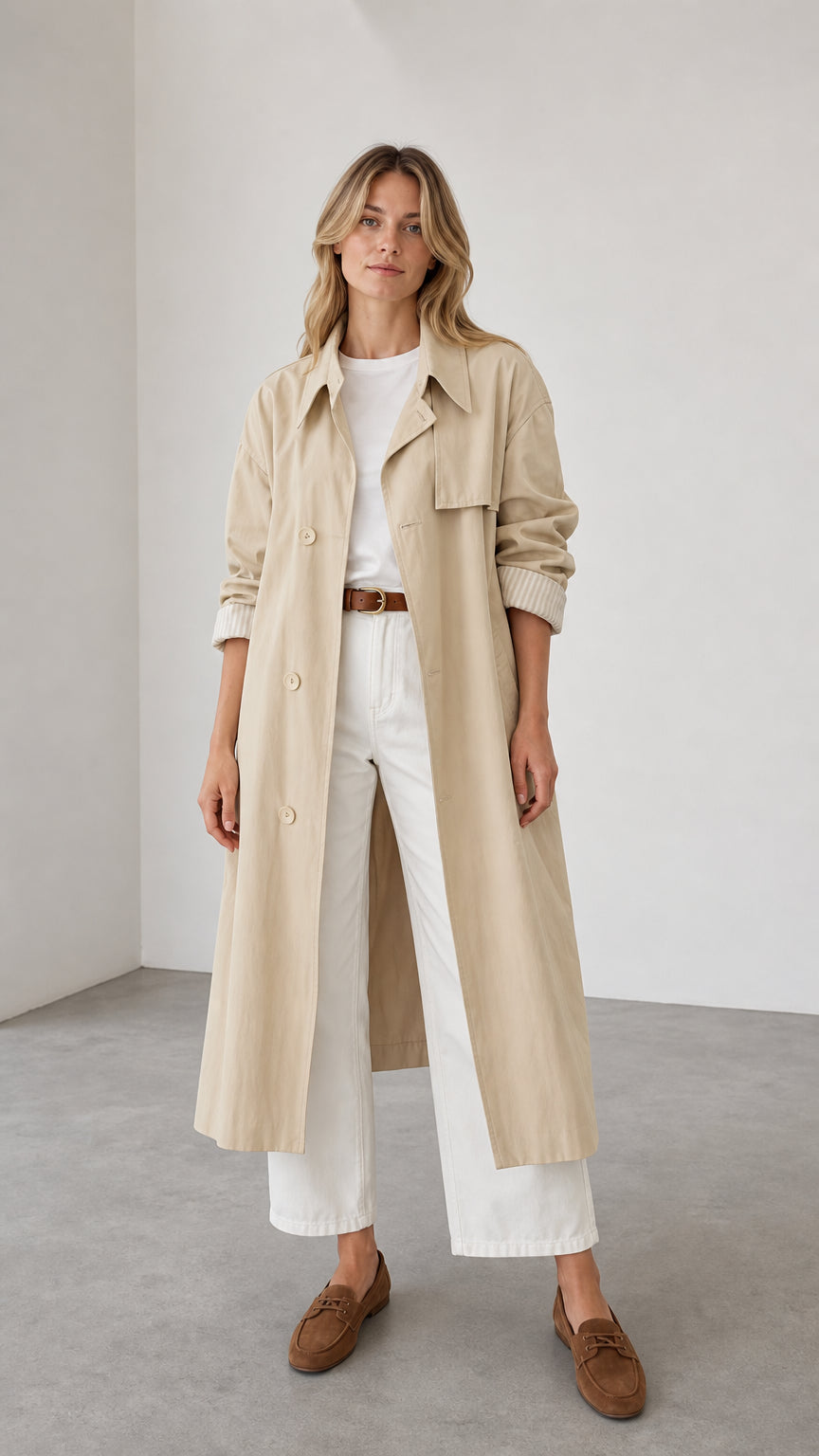 Front full view of woman wearing beige trench coat with white pants and loafers