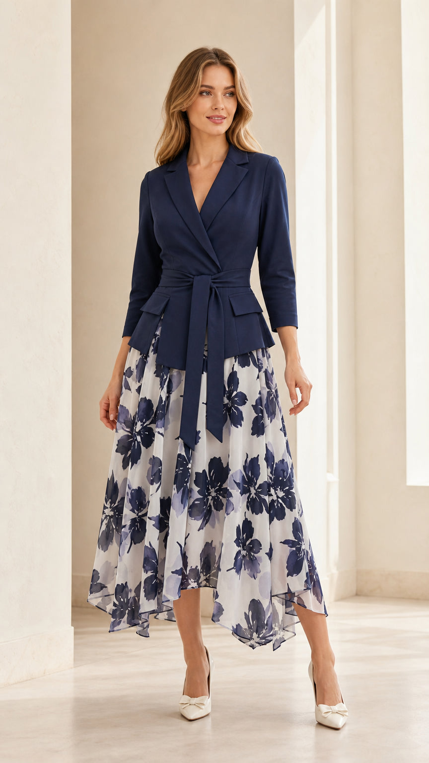 Front view of woman wearing navy blazer style floral midi dress with white heels