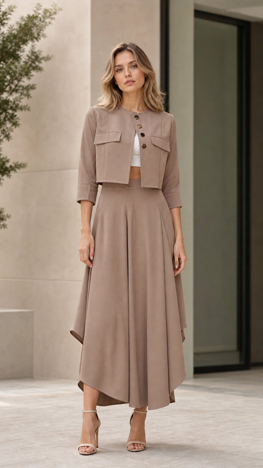 Model wearing taupe cropped jacket and asymmetrical maxi skirt two-piece set front view