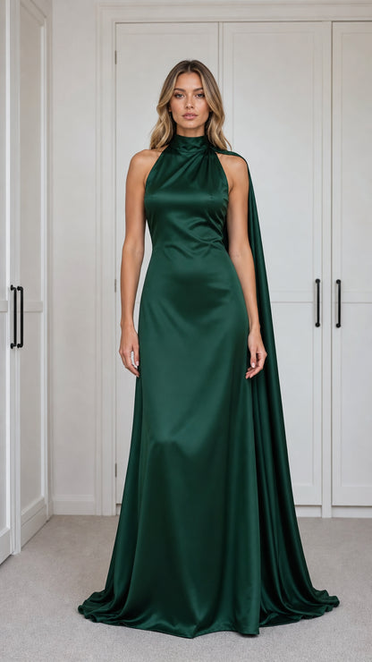 Emerald Green Satin Mock Neck Maxi Dress front view with cape