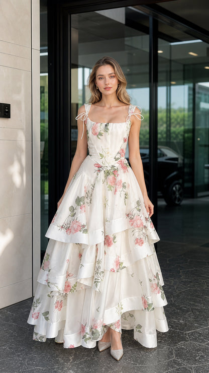 Front view of woman wearing white floral tiered maxi dress