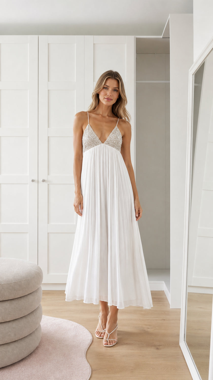 Front view of model wearing white sequin pleated maxi dress