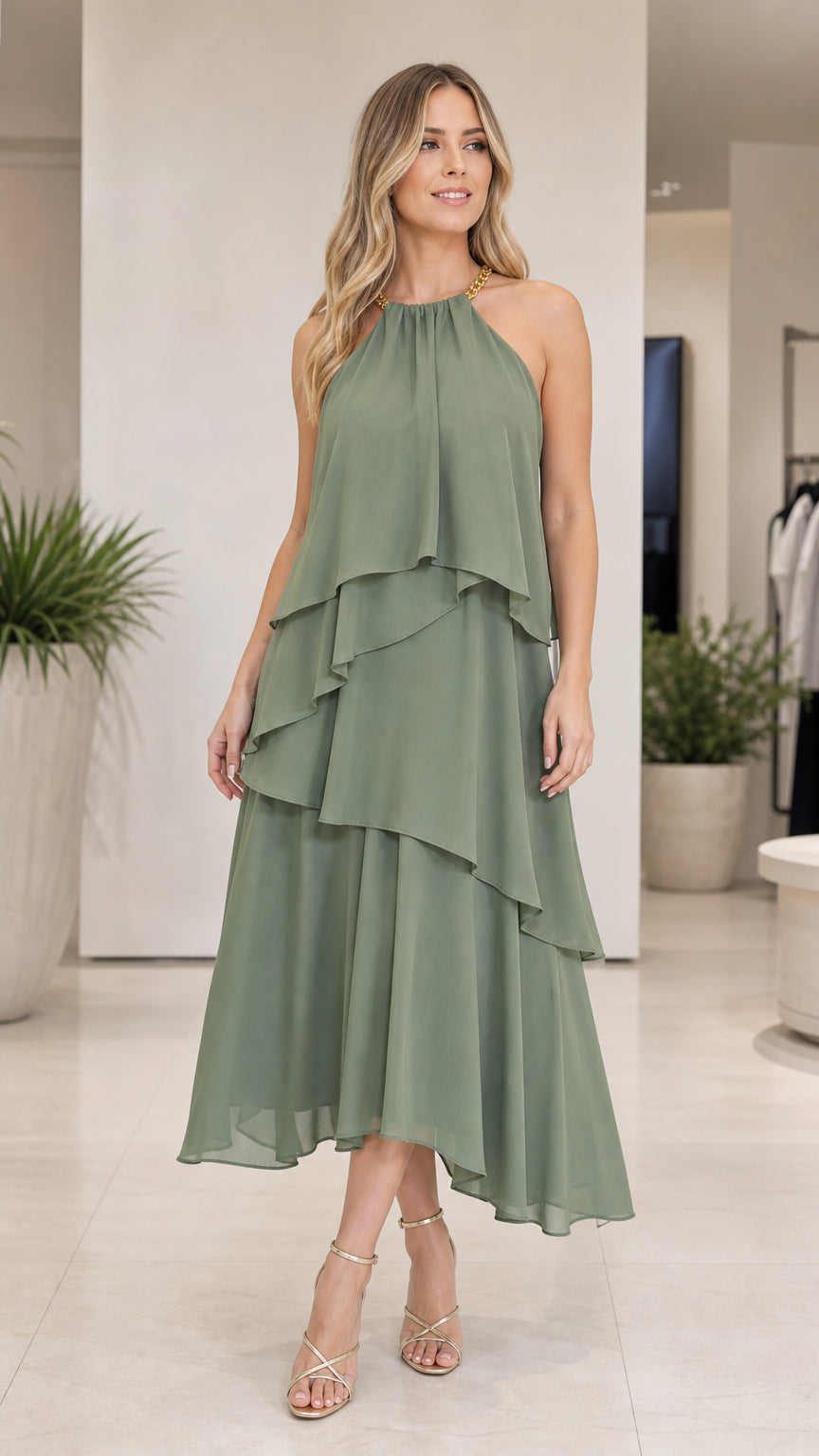Sage tiered halter midi dress shown from the front
