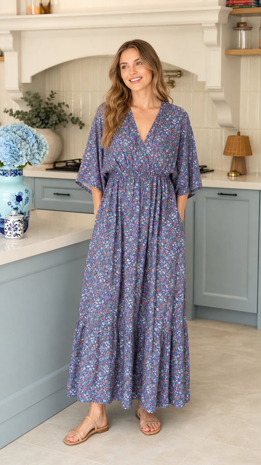 Full front view of model wearing blue ditsy floral maxi dress with flutter sleeves