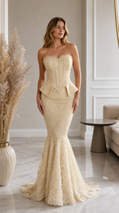 Front view of model wearing strapless champagne lace corset mermaid gown with peplum accents