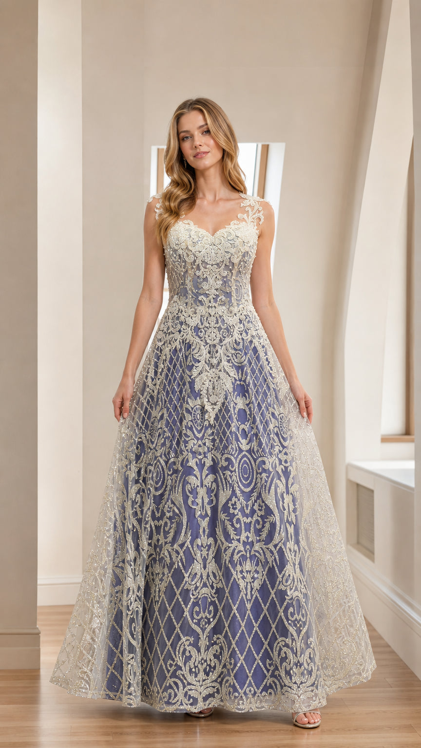 Front view of blue embroidered A-line evening gown