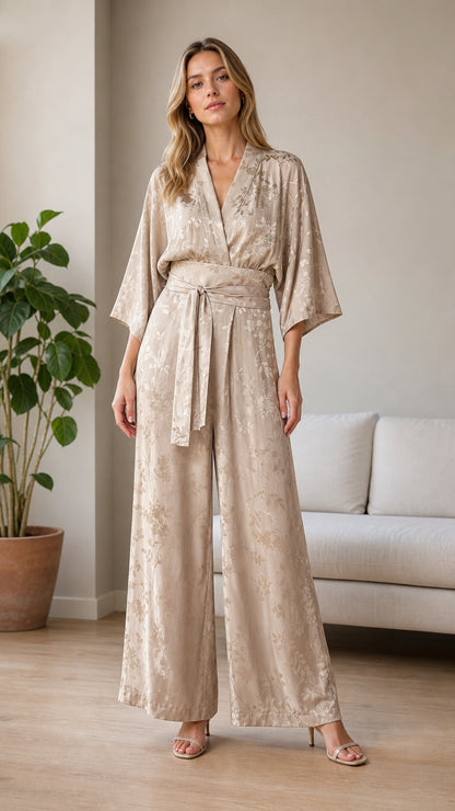 Champagne satin wrap jumpsuit front view on model