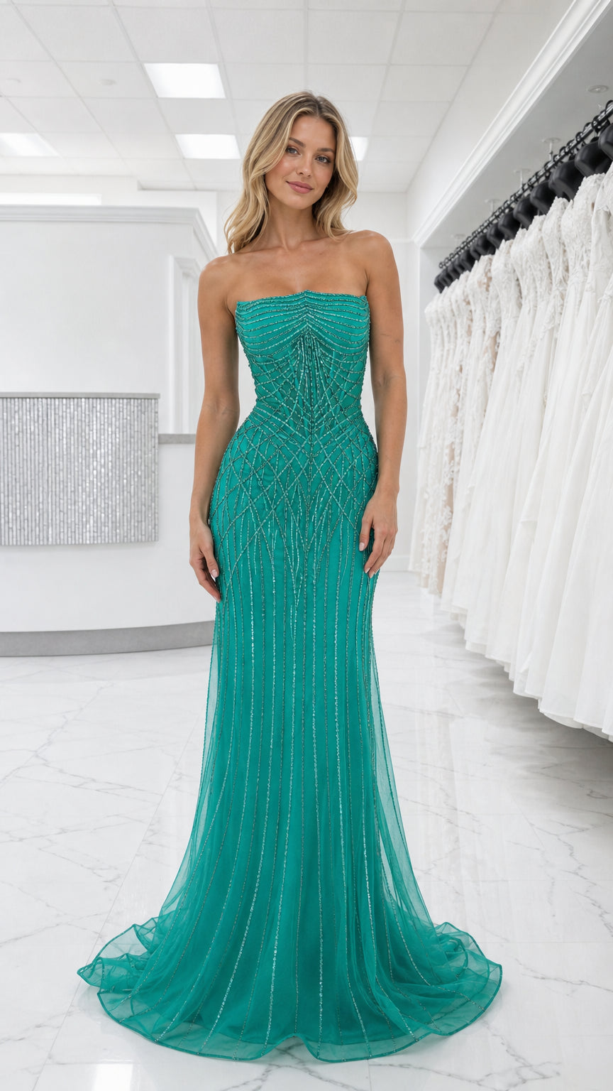 Front view of teal beaded strapless evening dress