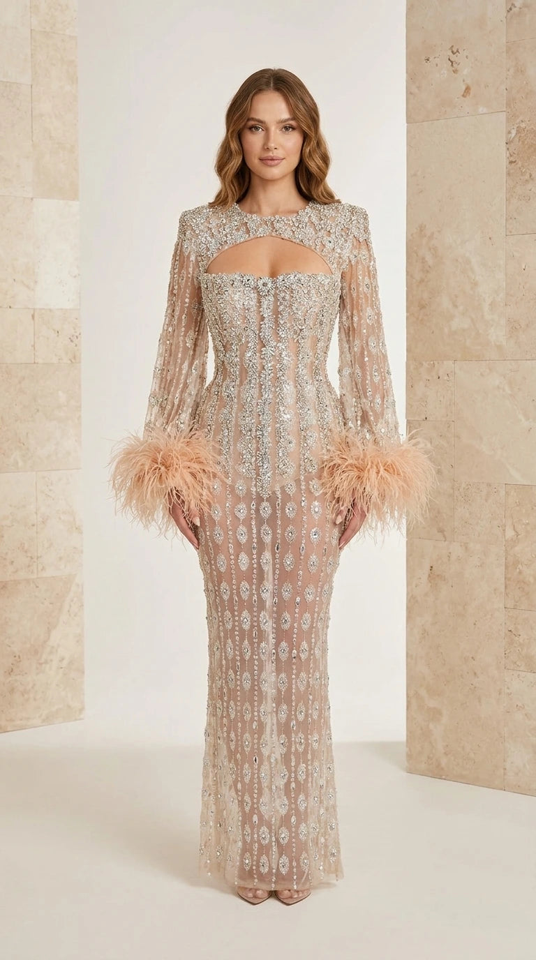 Champagne long sleeve beaded evening maxi gown with feather cuffs and cutout front view