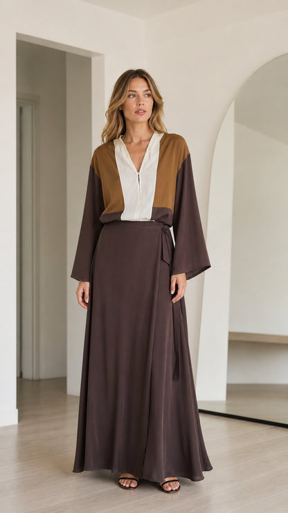 Front view of model wearing Brown Colorblock long sleeve maxi dress with tie waist