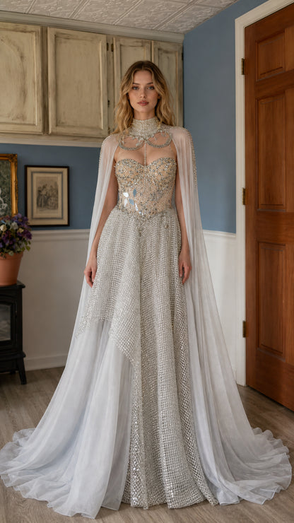 Front view of model wearing silver beaded corset evening gown with cape