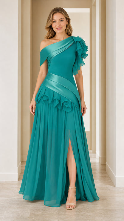 Model wearing teal one-shoulder ruffle evening gown front view