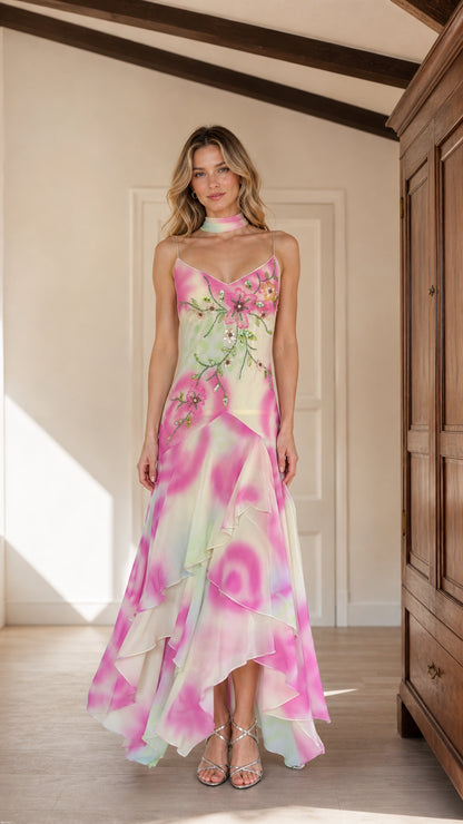 Pink watercolor chiffon maxi dress with floral beadwork and neck scarf front view
