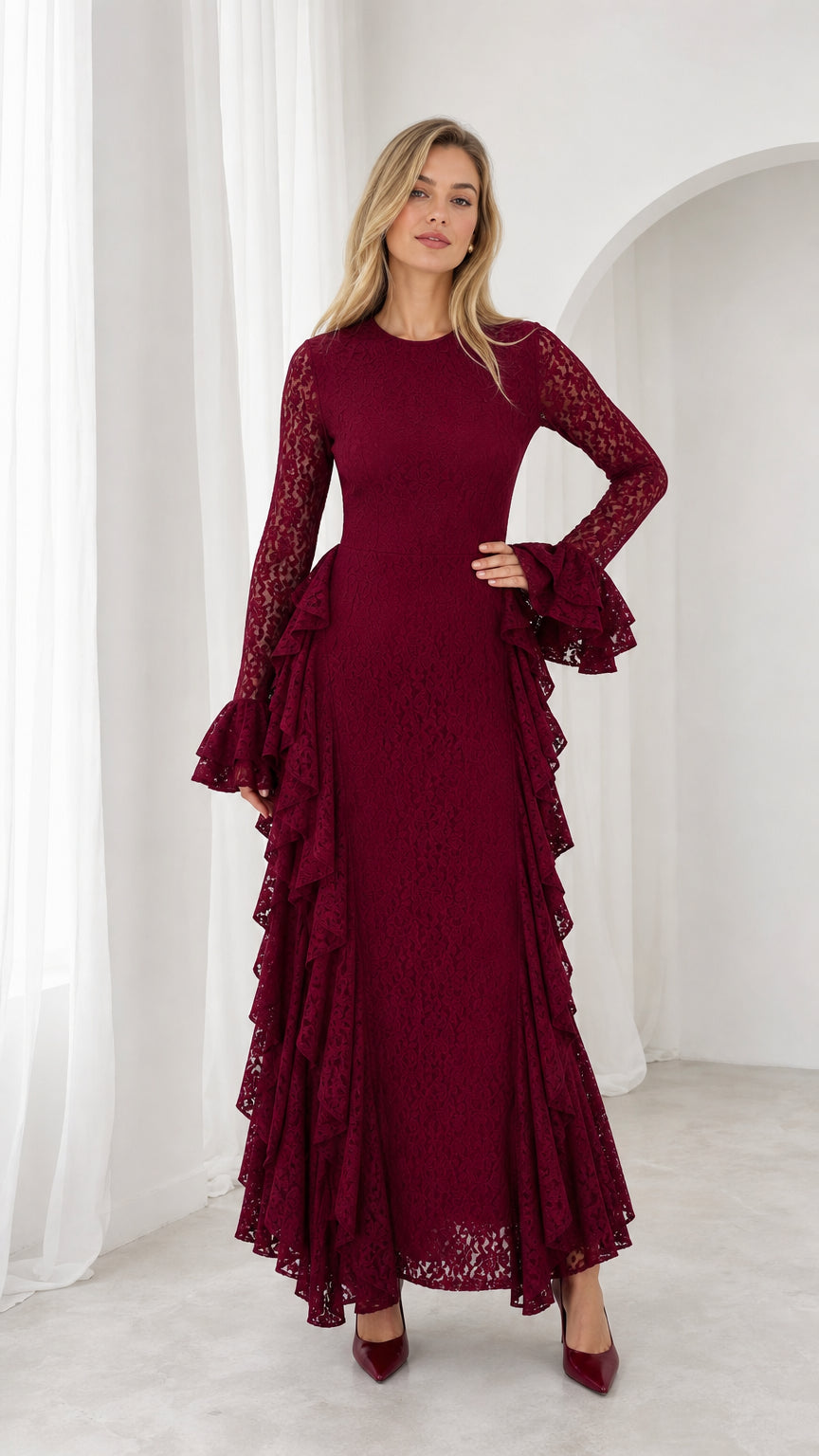 Front view of model wearing burgundy floral lace long sleeve maxi dress with tiered ruffle cuffs