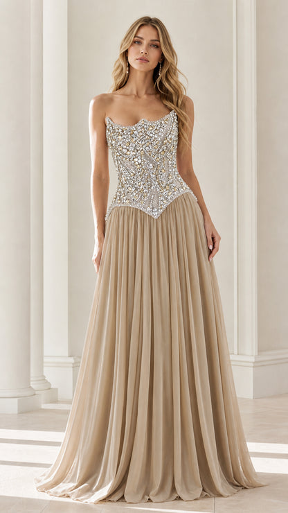 Front view of champagne beaded strapless evening dress