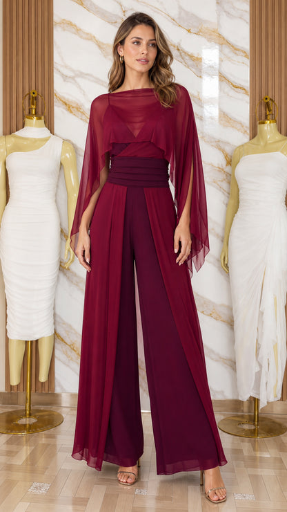 Model wearing burgundy chiffon overlay wide-leg jumpsuit front view