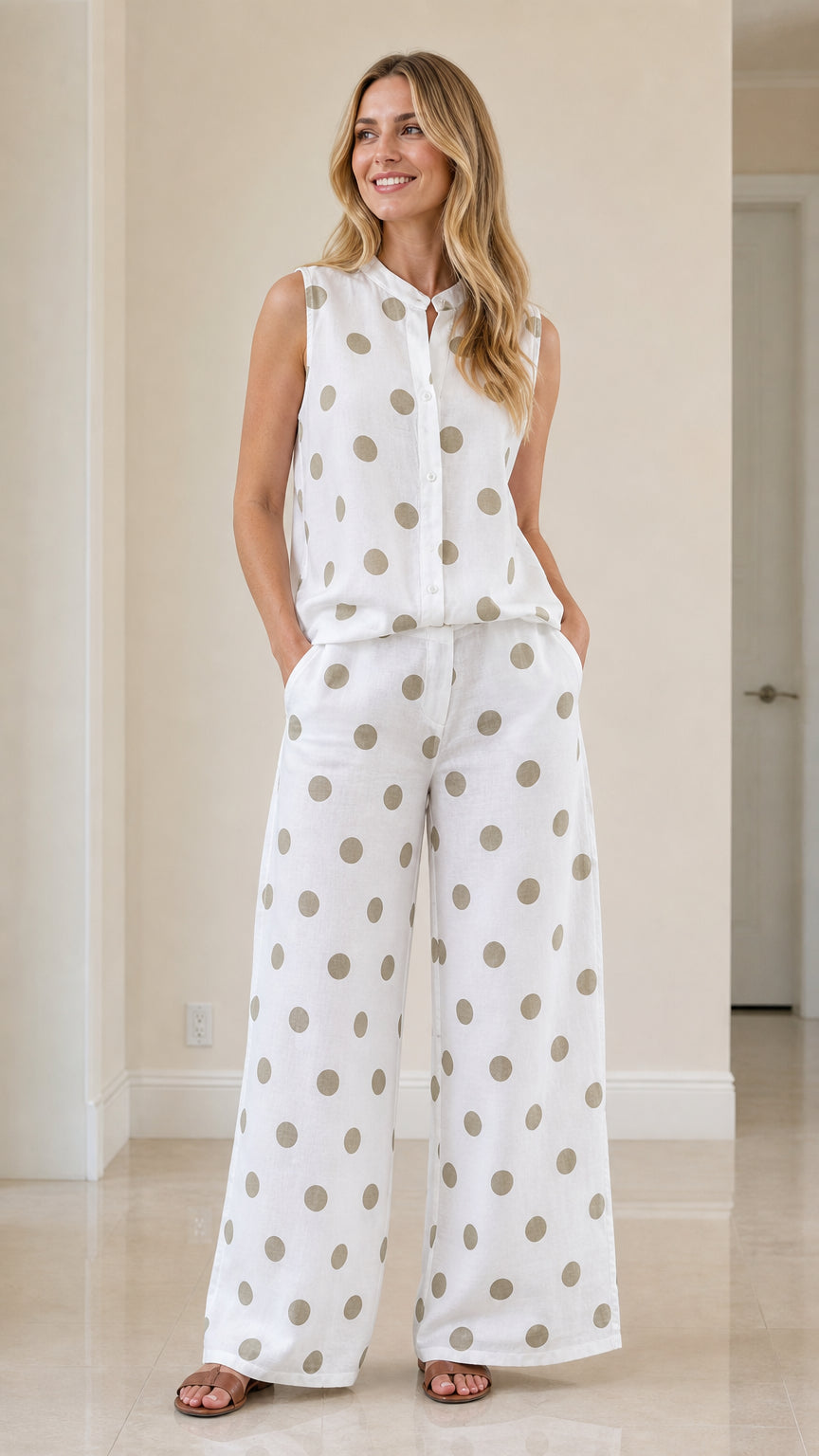 Woman wearing white polka dot sleeveless top and wide-leg pants set, front view