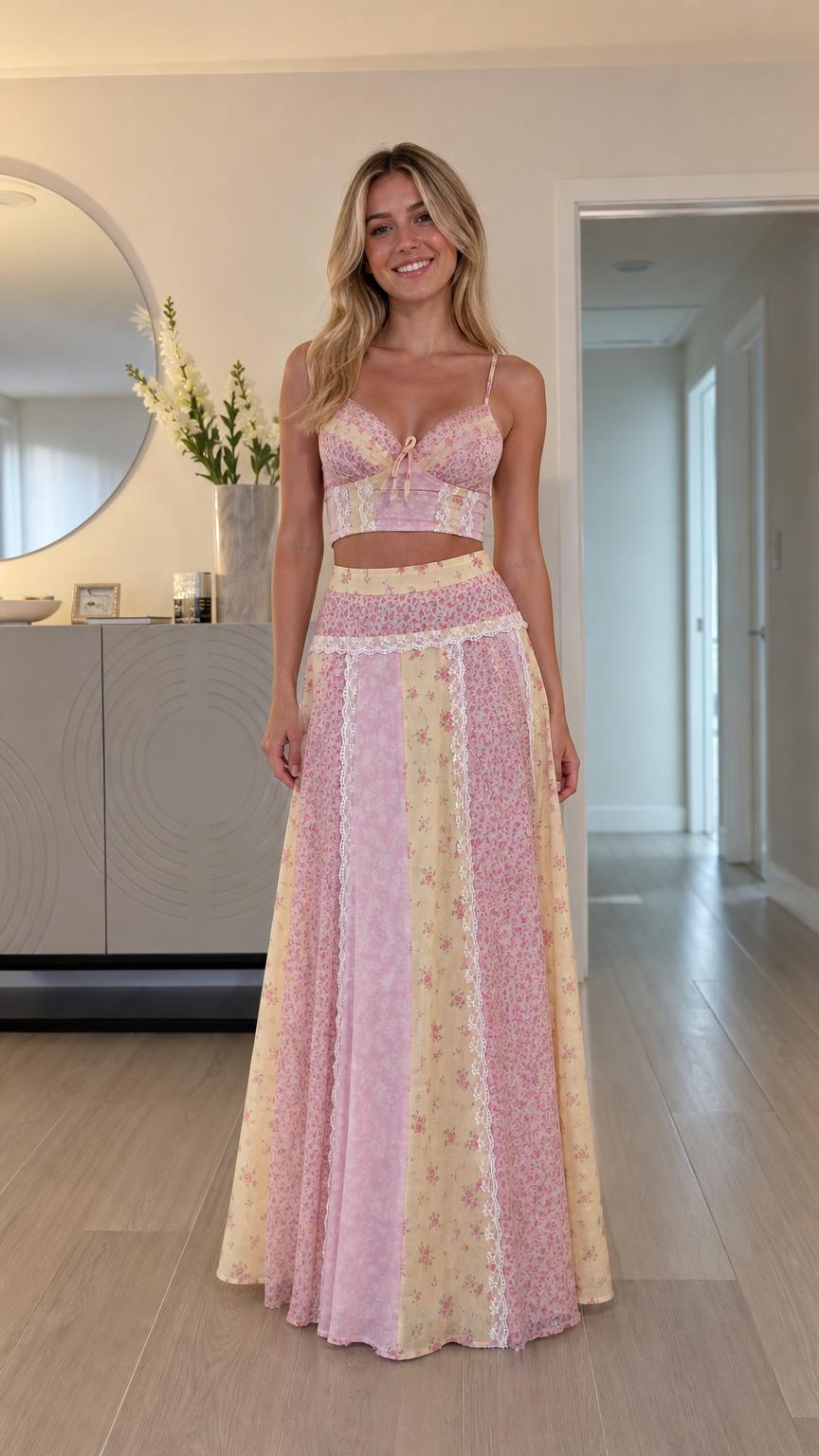 Front view of model wearing pink multi floral patchwork cami crop top and maxi skirt set