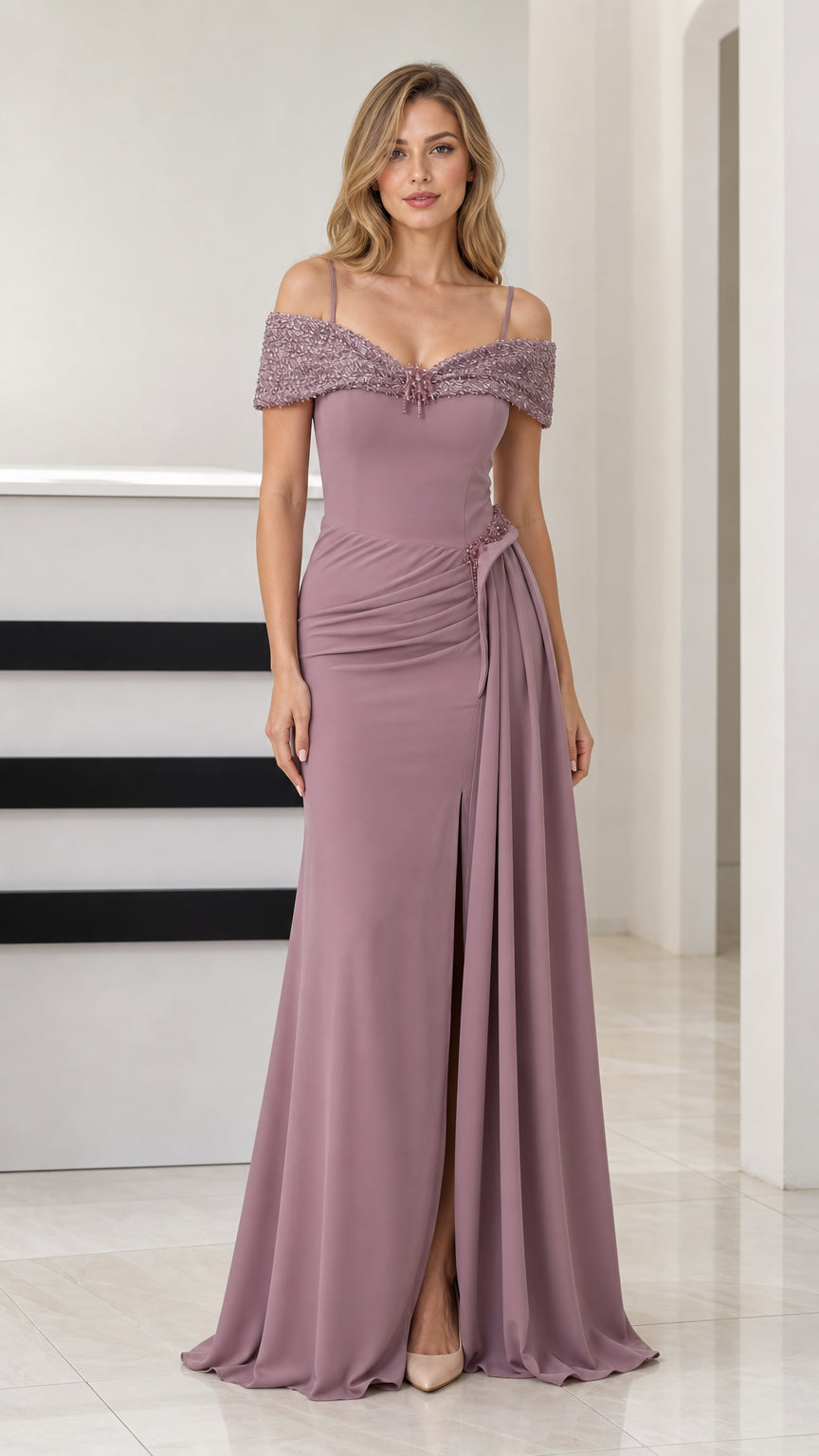 Front full-length view of dusty mauve off-the-shoulder beaded evening gown with slit