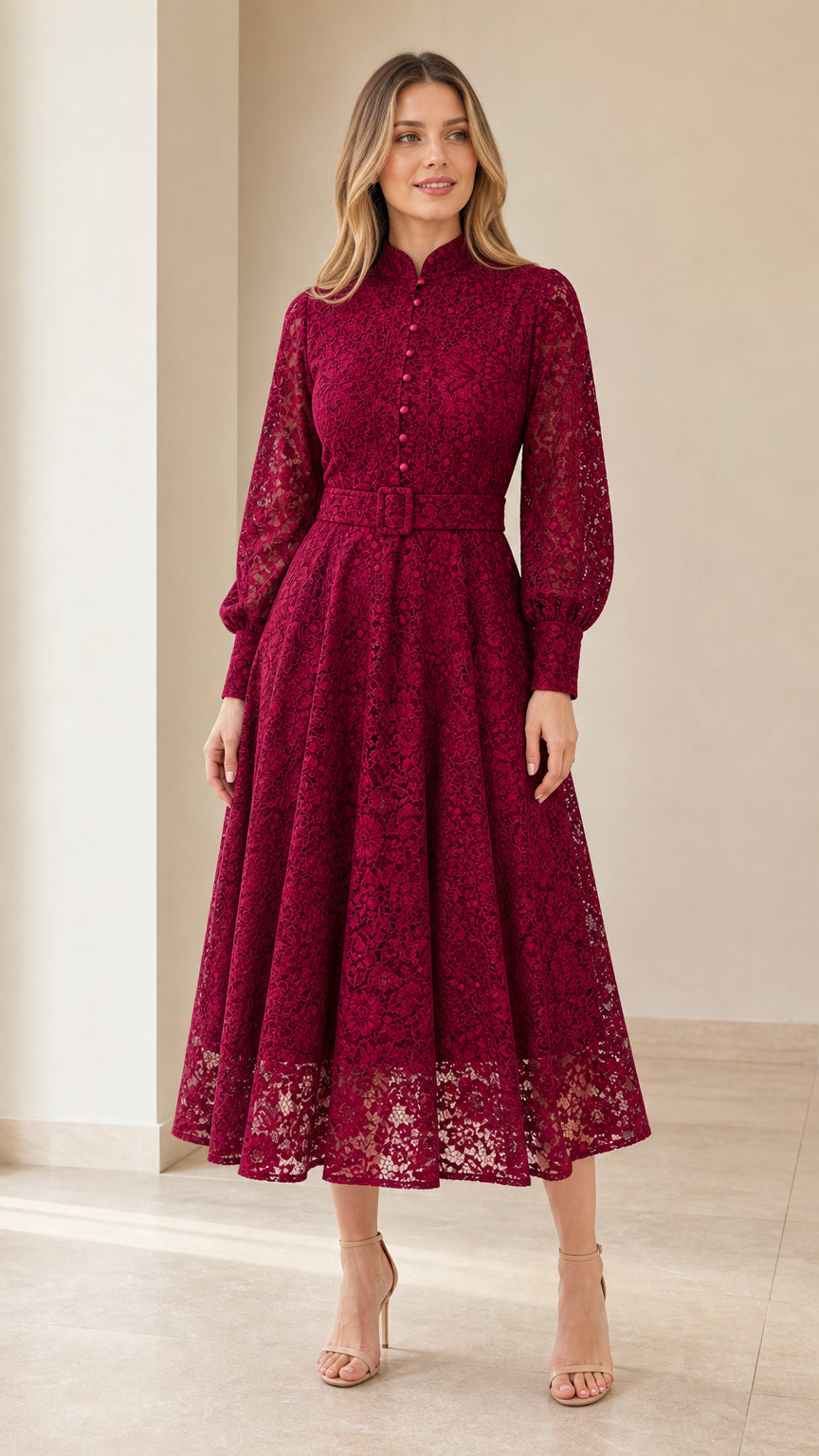 Model wearing Burgundy floral lace long sleeve midi dress with matching belt front view