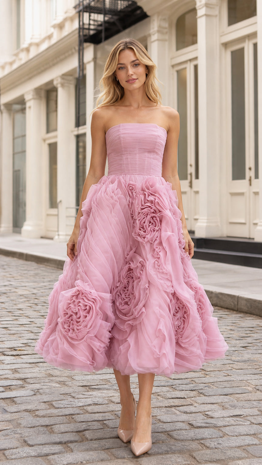 Front view of pink strapless ruched mesh midi dress with 3d floral appliques