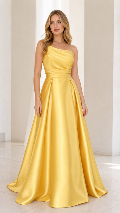 Front view of yellow one-shoulder satin evening dress