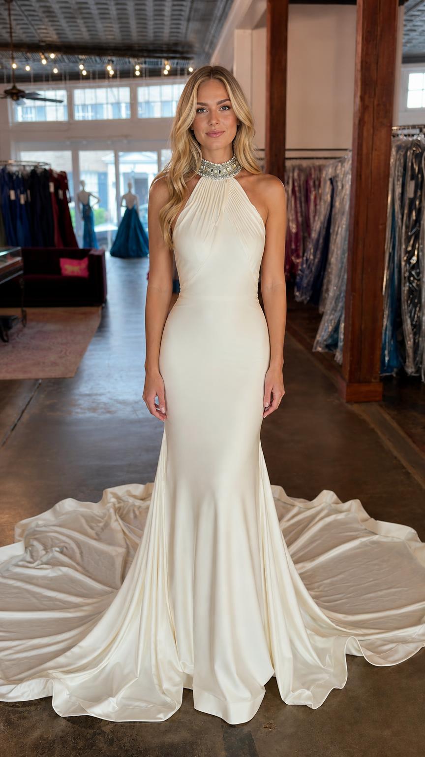 Front view of white beaded halter mermaid gown with train