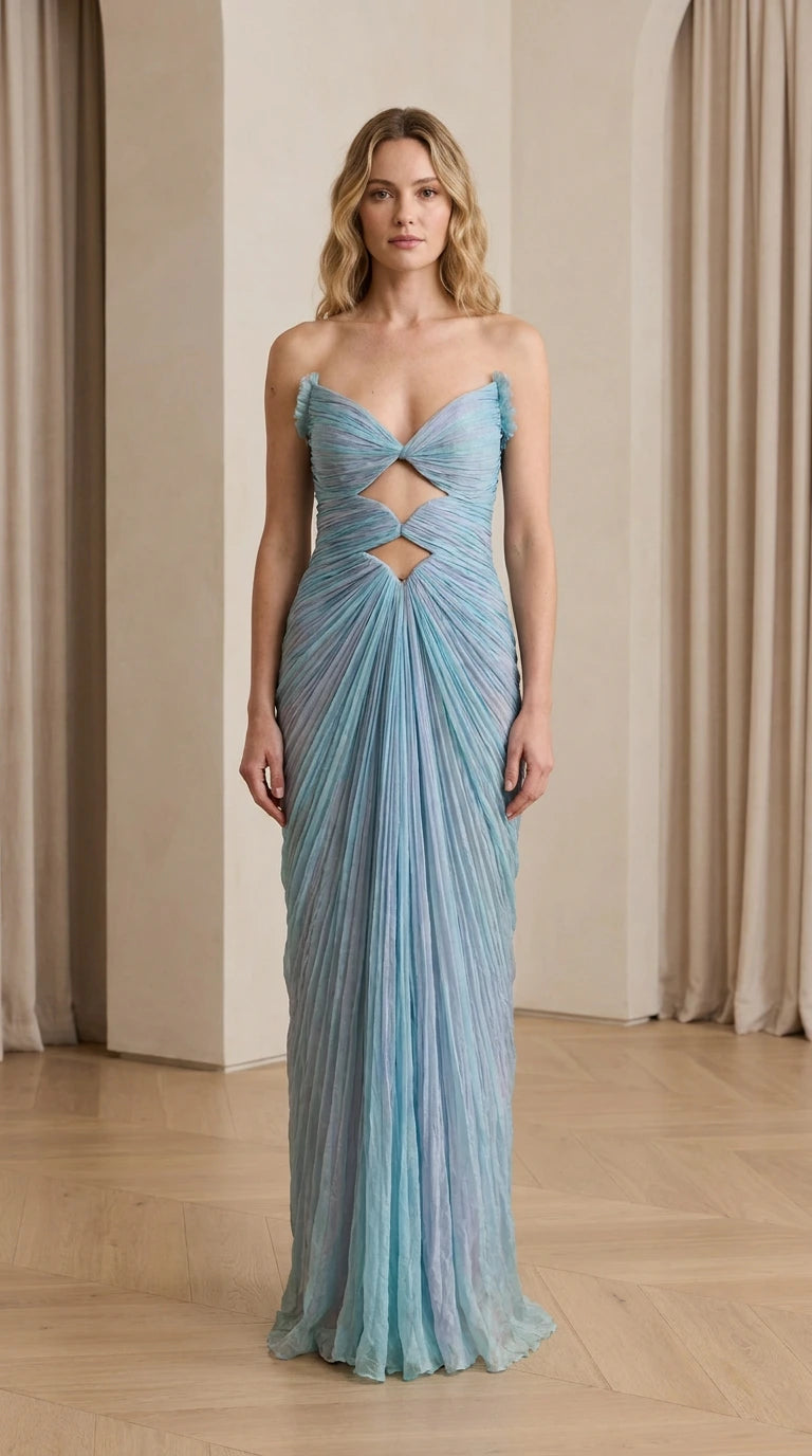 Front view of Light Blue cutout pleated evening dress