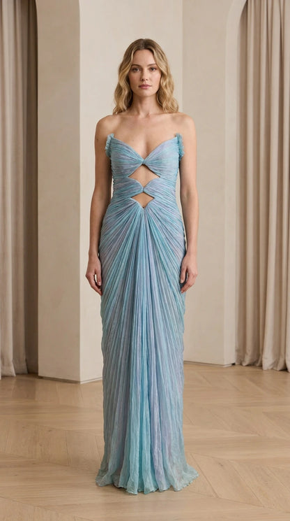 Front view of Light Blue cutout pleated evening dress