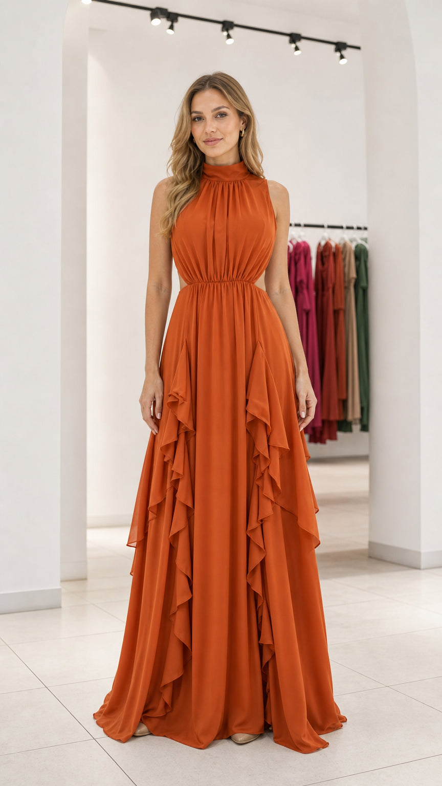 Front view of rust orange high-neck cutout ruffle maxi dress