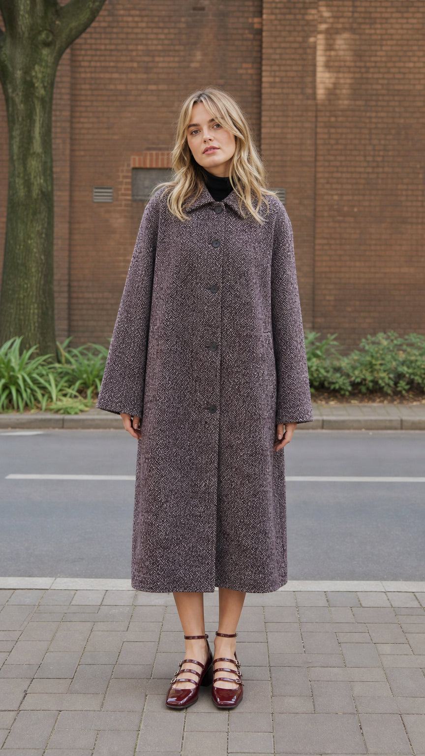 Women's Plum herringbone tweed longline overcoat full front view