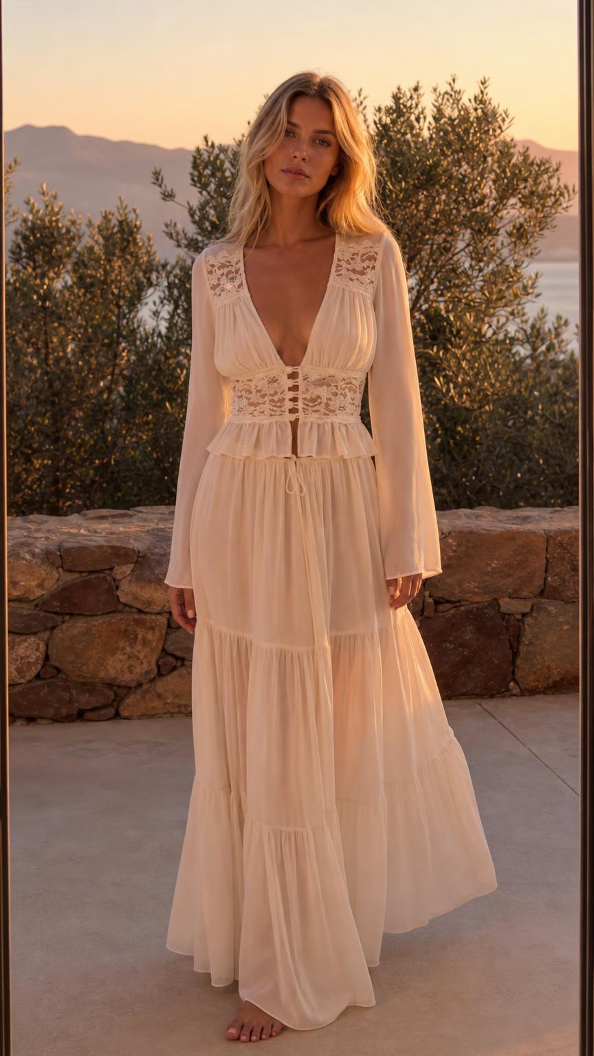 Front view of Ivory boho lace trim long sleeve maxi dress outdoors at sunset